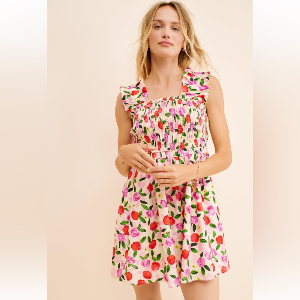 English Factory Ruffle Flower Smocked Bust Fit Flare Mini Dress Size M